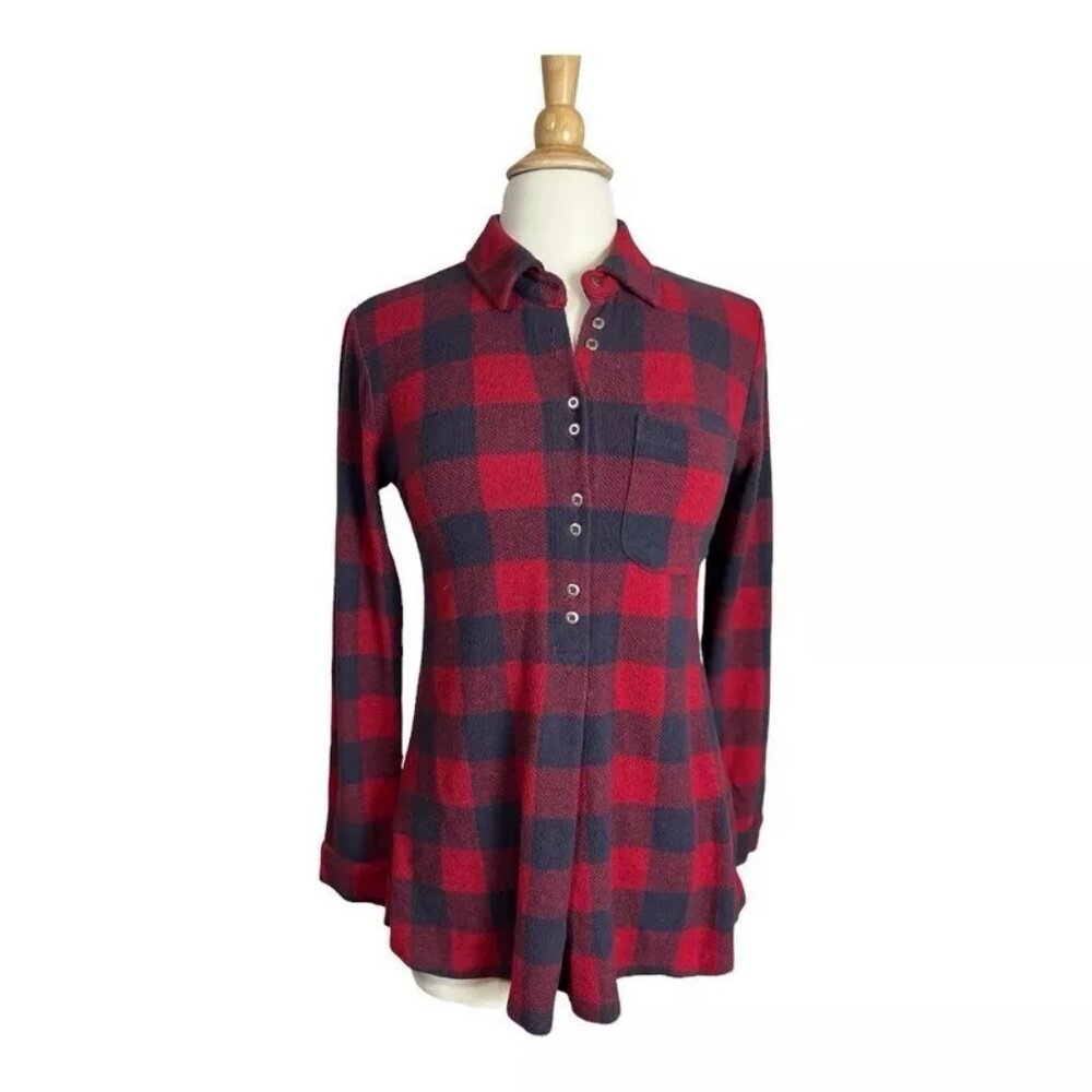 Soft Surroundings Tunic Top Shirt S Mad About Plaid Roll Tab Sleeve Pullover